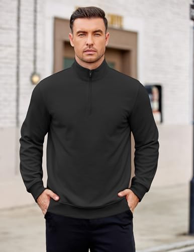 COOFANDY Men’s Quarter Zip Mock Neck Lightweight Sweatshirt Polo Top - Black, Medium
