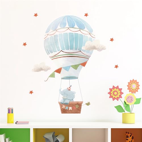 Cute Baby Elephant Hot Air Balloon Stars Wall Stickers, sacinora Cartoon Animal Wall Decals Removable Vinyl Peel and Stick for Kids Baby Nursery Bedroom Toddler Room Kindergarten Art Decorations