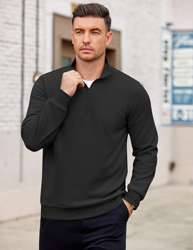 COOFANDY Men’s Quarter Zip Mock Neck Lightweight Sweatshirt Polo Top - Black, Medium