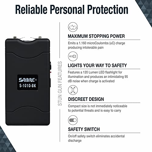 SABRE Pepper Spray And 2-in-1 Stun Gun and Flashlight, 25 Bursts of Max Strength OC Spray, Intuitive Finger Grip, 0.54 fl oz, Painful 1.160 ?C Charge, 120 Lumens, Rechargeable, Safety Switch, Holster