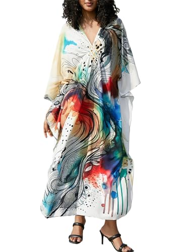 Women's V Neck Kaftan Beach Cover Up Dress - A13 Abstract Pattern