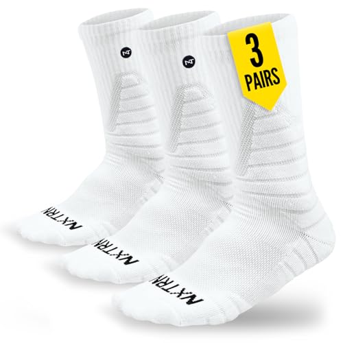 NXTRND Large White Compression Sports Crew Socks for Men - Athletic Cushion Socks for Basketball, Football & Running