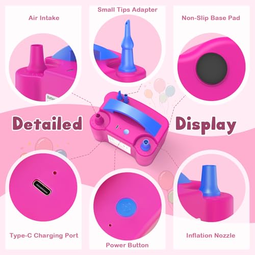 Electric Balloon Pump for Fast Inflation - Rechargeable Handheld Blower with Nozzles, Rose Red