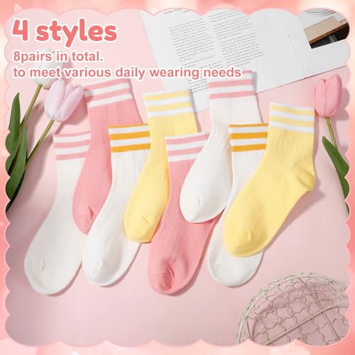 Girls Athletic Crew Socks - Pink White Yellow, Ages 10-14