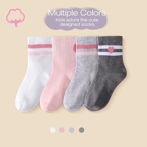 Kids Girls 4 Pairs Athletic Socks - Hearts & Stripes, Ages 7-10