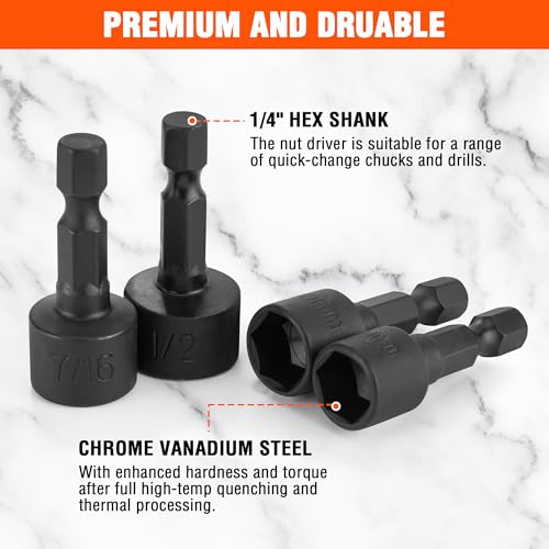 ValueMax 20 PCS Power Nut Driver Set for Impact Drill, 1/4¡± Hex Head Drill Bit Set SAE and Metric, 4-12mm and 5/32''-1/2'' Nut Drivers, Chrome Vanadium Steel