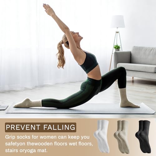 Non-Slip Grip Pilates Socks for Women - 3 Pairs, Black, White, Camel
