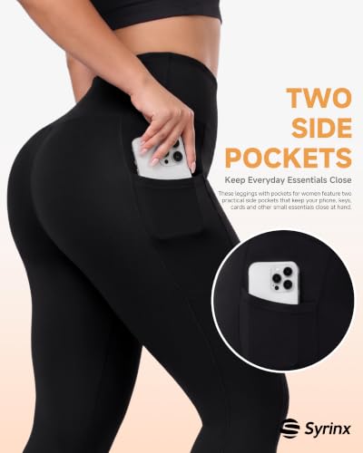 Syrinx 4X-Large Black Plus Size High Waist Leggings with Pockets for Women - 26 Inch Tummy Control Workout Yoga Pants