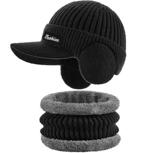 Winter Beanie Hat with Brim & Ear Flaps - Fleece Lined Black