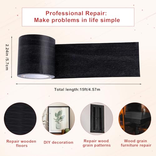 Wood Grain Repair Tape, 2.2 Inch x 15ft Wood Colored Trim Tape Self-Adhesive Simulated Wood Patch Tape for Tables, Doors, Windows, Floors (Black)