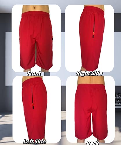 Men's Athletic Running Shorts 11 Inch Swim Trunks with Zipper Pockets - Red, X-Large
