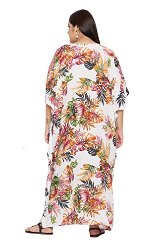 White Tropical Leaf Plus Size Caftan Maxi Dress for Women, Beach Cover Up Kimono