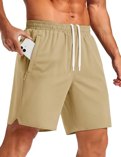 Men's 7" Khaki Athletic Workout Shorts with 3 Zipper Pockets - Medium