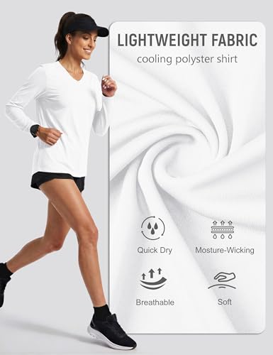 TACVASEN Women's White Long Sleeve V-Neck Tops Quick Dry UPF 50+ Sun Protection Medium