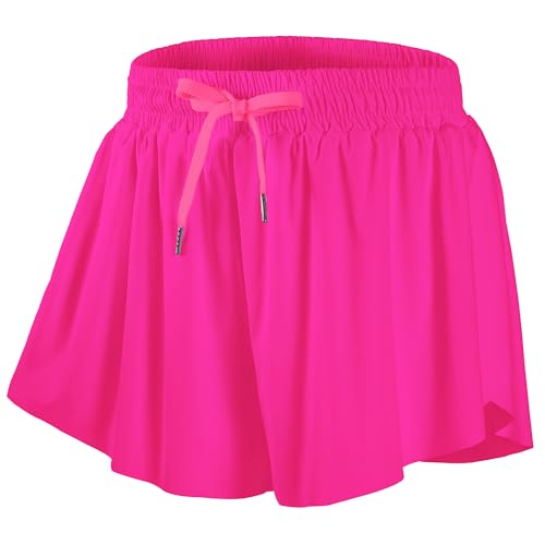 DIPUG Girls Butterfly Shorts with Pockets - 2-in-1 Flowy Athletic Cheer Skorts, Hot Pink, 10-11 Years