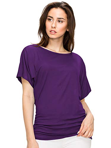 Women's Purple Dolman Sleeve Boat Neck Top with Side Shirring - Large