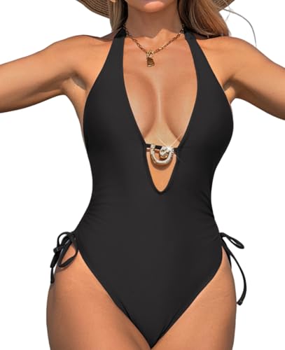 WODECASA Women's Deep V One-Piece Swimsuit with Side Drawstring & High Cut