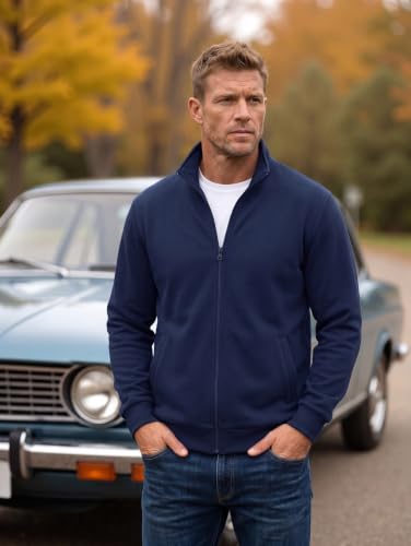 COOFANDY Mens Zip Up Lightweight Fleece Jacket Navy Large