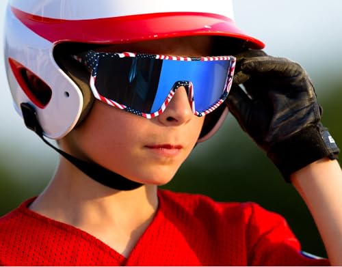 Kids Polarized Baseball Sunglasses with UV400 Protection - Flag Frame Blue Lenses