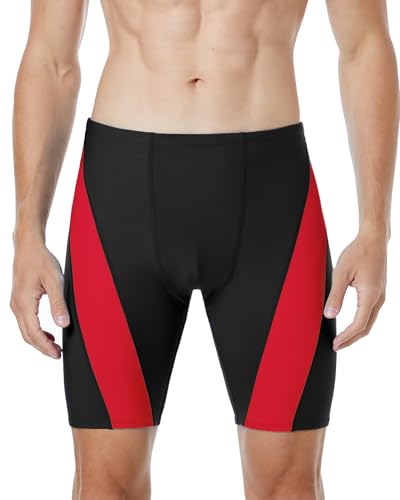 Runhit Men's Swim Jammers - Competitive Racing Sports Swimsuit, Quick Dry, UPF 50+ - Black & Red, Large
