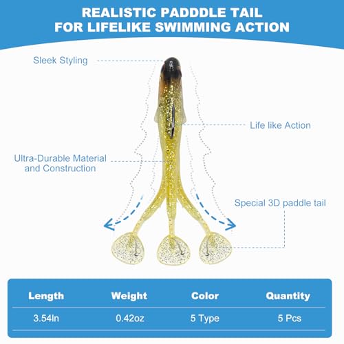 5-Piece Soft Paddle Tail Swim Baits - 3.5-Inch Pre-Rigged Fishing Lures