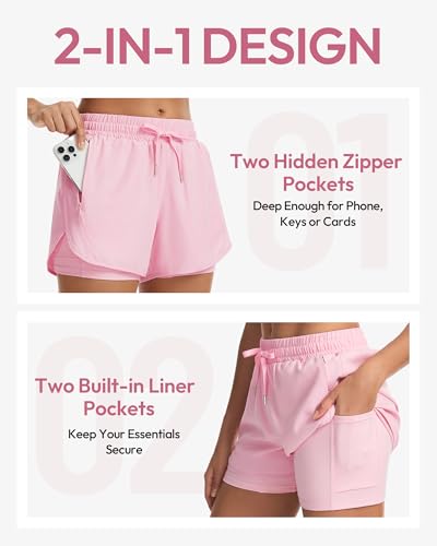 MLYENX 2-in-1 Running Shorts for Women, Athletic Gym Shorts – Large (Black, Navy, Dark Grey, Pink, Light Grey)