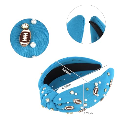 Football Knotted Headband - Crystal Jeweled Sports Hair Accessory - Blue Lion