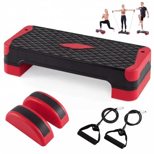 Adjustable Aerobic Step Platform with Risers & Resistance Bands - Red