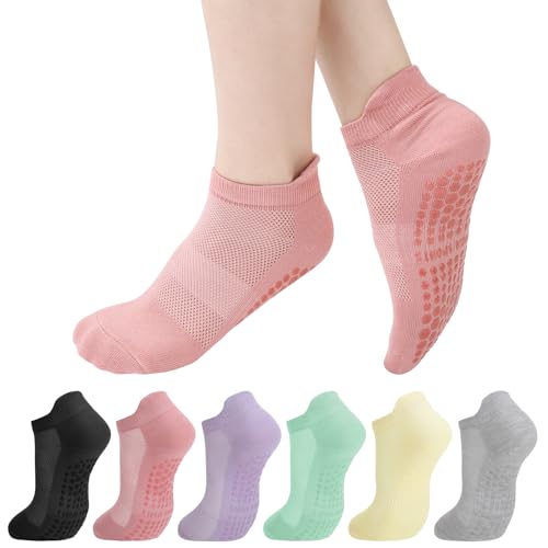 Grippy Non-Slip Pilates Socks - 6 Pairs for Women, Solid Color