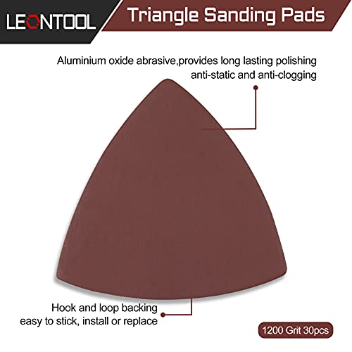 30 Pcs 3-1/8 Inch (80mm) Triangular Hook & Loop Oscillating Multitool Sanding Pads Triangle Sanding Pads 1200 Grit No Hole Triangle Sandpaper Detail Sander Sandpaper for Wood Metal Polishing