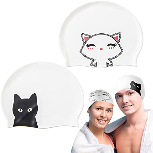 Silicone Swim Caps for Women - 2 Pack Cartoon Pattern, Waterproof & Non-Slip