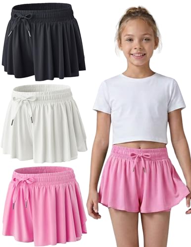 Flowy Athletic Butterfly Shorts for Girls - 2-in-1 with Pockets, Large, Pink/White/Black