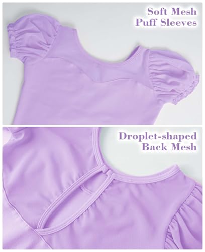 Ballet Leotard for Girls - Puff Sleeve Mesh - 6-7 Years Violet