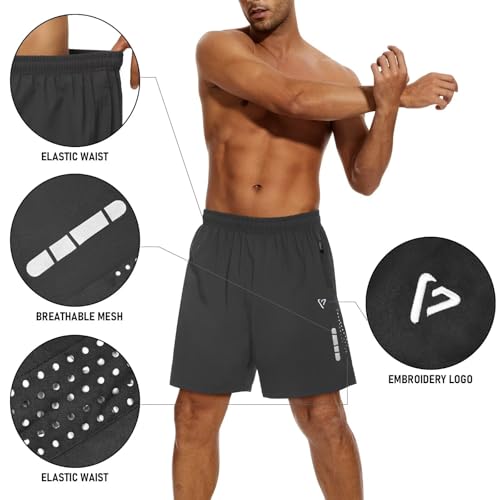 FIONECA Men's 2 Pack Athletic Shorts - Medium Black & Dark Gray, 7-Inch Quick Dry Gym Running Mesh Shorts with Zipper Pockets