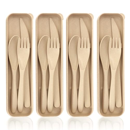 Travel Utensil Set - 4 Pack Beige Cutlery with Case (21x6x2.5cm)