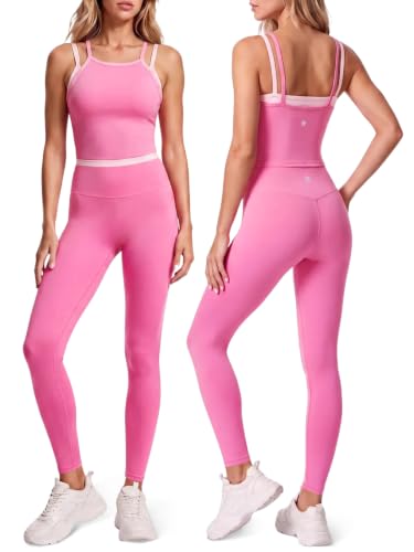 Aoysky Womens 2-Piece Padded Tank Top & High Waist Leggings Set - Pink, Medium