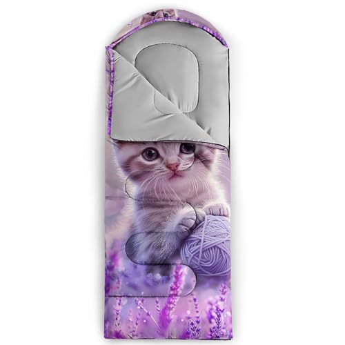 HOSIMA Kids & Adults Purple Cat Pattern 90in x 32in Waterproof Sleeping Bag - Cold Weather Camping Gear