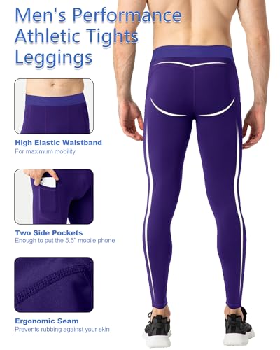 Men's Compression Pants - Cool Dry Leggings with Phone Pocket - X-Large Purple