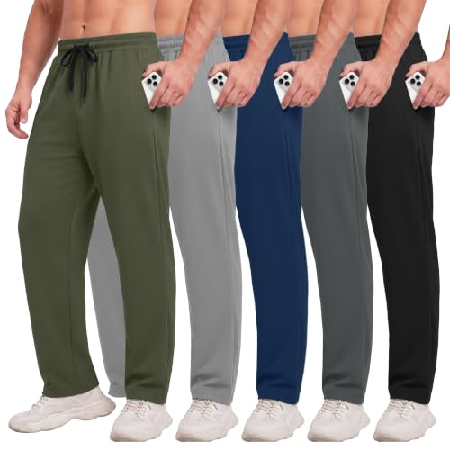 BOOJO 5 Pack Men's Sweatpants with Pockets - Mesh Open Bottom Athletic Pants (Medium, Black/Light Grey/Dark Grey/Navy/Army Green)
