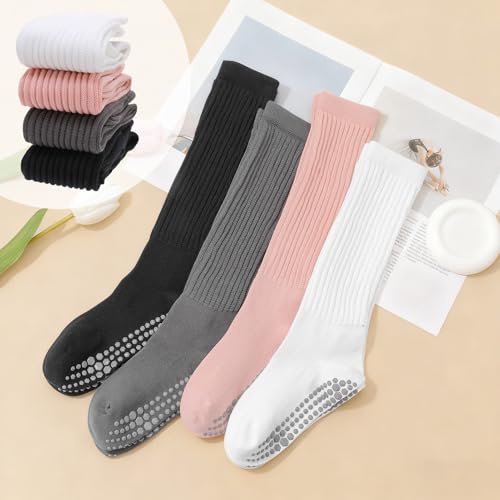 Women’s Slouch Pilates Socks with Grips - 4 Pairs, Black+White+Pink+Dark Gray