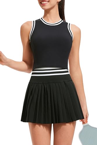 Airfree Two-Piece Tennis Skirt Set for Women, High-Waisted Pleated Golf/Active Skirt with Pockets – Black, Medium