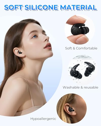 Swimming Earplugs - Waterproof Silicone Ear Protection - 3 Pairs, Black, Gray, Blue