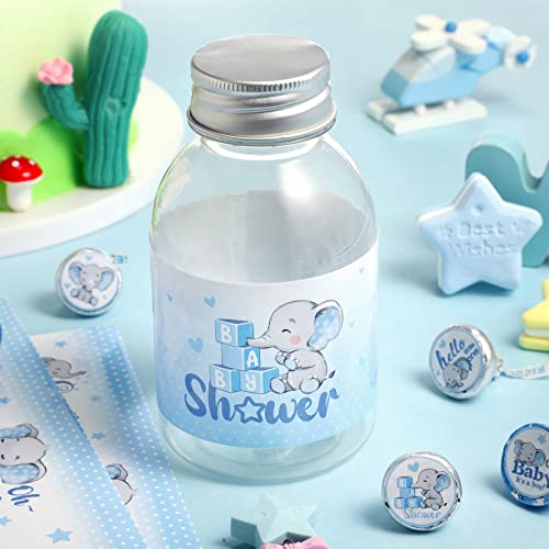 Elephant Baby Shower Water Bottle Labels - 39 Pcs Waterproof Wrappers - Blue