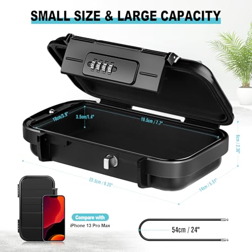 HUANLANG Portable Safe Lock Box with Combination Lock Mini Beach Travel Safe Waterproof Small Lockable Boxs with Removable Wire Rope Combination Lock Box for Dorm,Travel,Beach,Hotel,Car,Home,Office