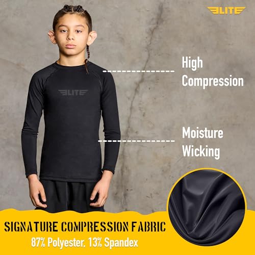 Kids BJJ Rash Guard - Long Sleeve Compression Shirt - Small Black