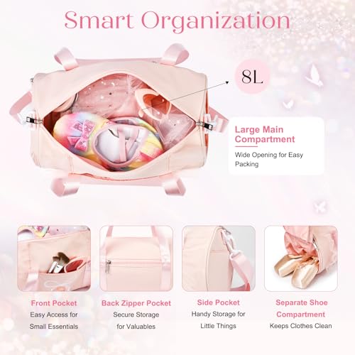 KUIRAN 8L Pink Dance Bag with Shoe Compartment - Lightweight Water-Resistant Sport Duffel for Ballet, Gym & Travel
