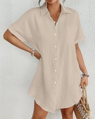Bsubseach Women's Beige Swimsuit Coverup Shirt Dress Medium Button-Down Beach Vacation Outfits