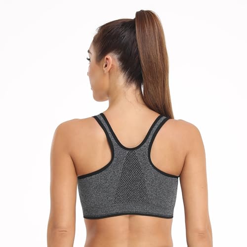Zip Front Sports Bra for Women - Wireless Mastectomy Bra - Large Black+Grey 2 Pack