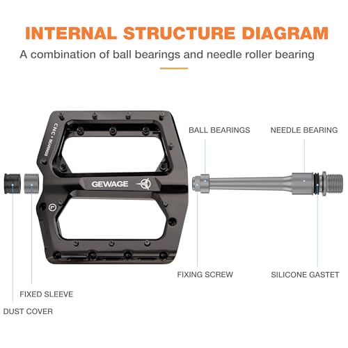 GEWAGE Black 9/16" CNC Aluminum Flat Bike Pedals with Anti-Slip Pins & Sealed Bearings