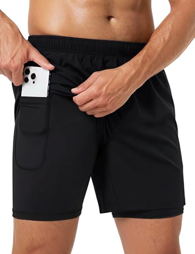 Men's 2 in 1 Running Athletic Shorts - 5 Inch Inseam, Quick Dry, Medium / Black